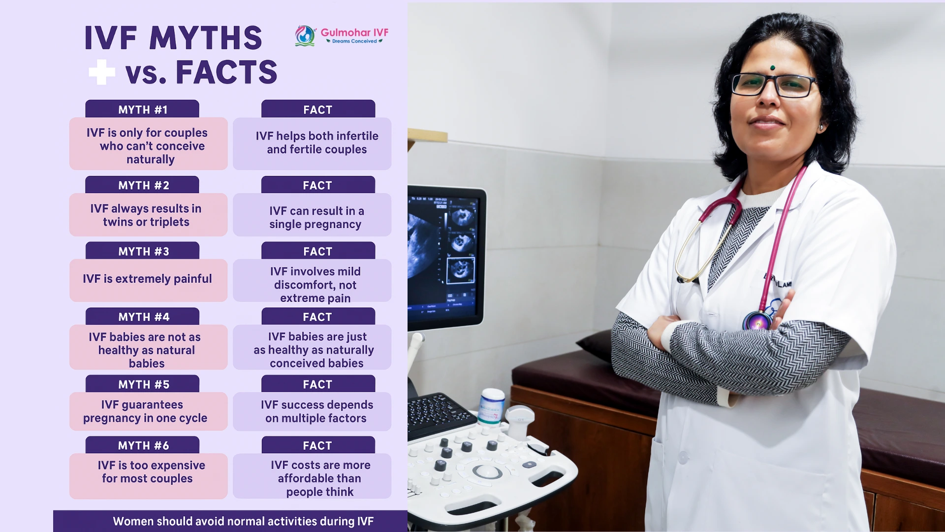 Common IVF myths vs. facts infographic.