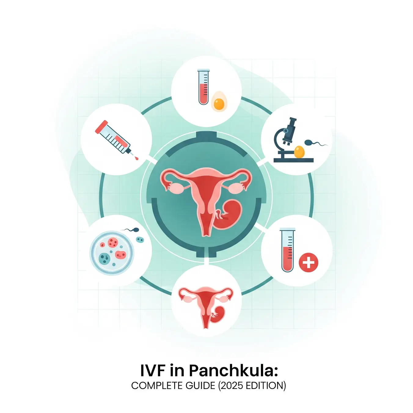 Illustration of IVF process steps including egg retrieval, fertilization, embryo transfer and pregnancy confirmation – Gulmohar IVF in Panchkula 2025 guide