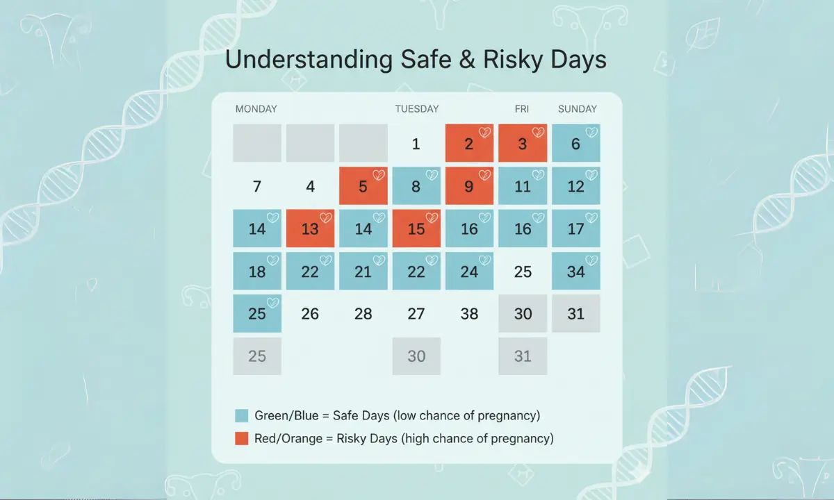 Medical calendar illustration explaining safe days and risky days in a menstrual cycle