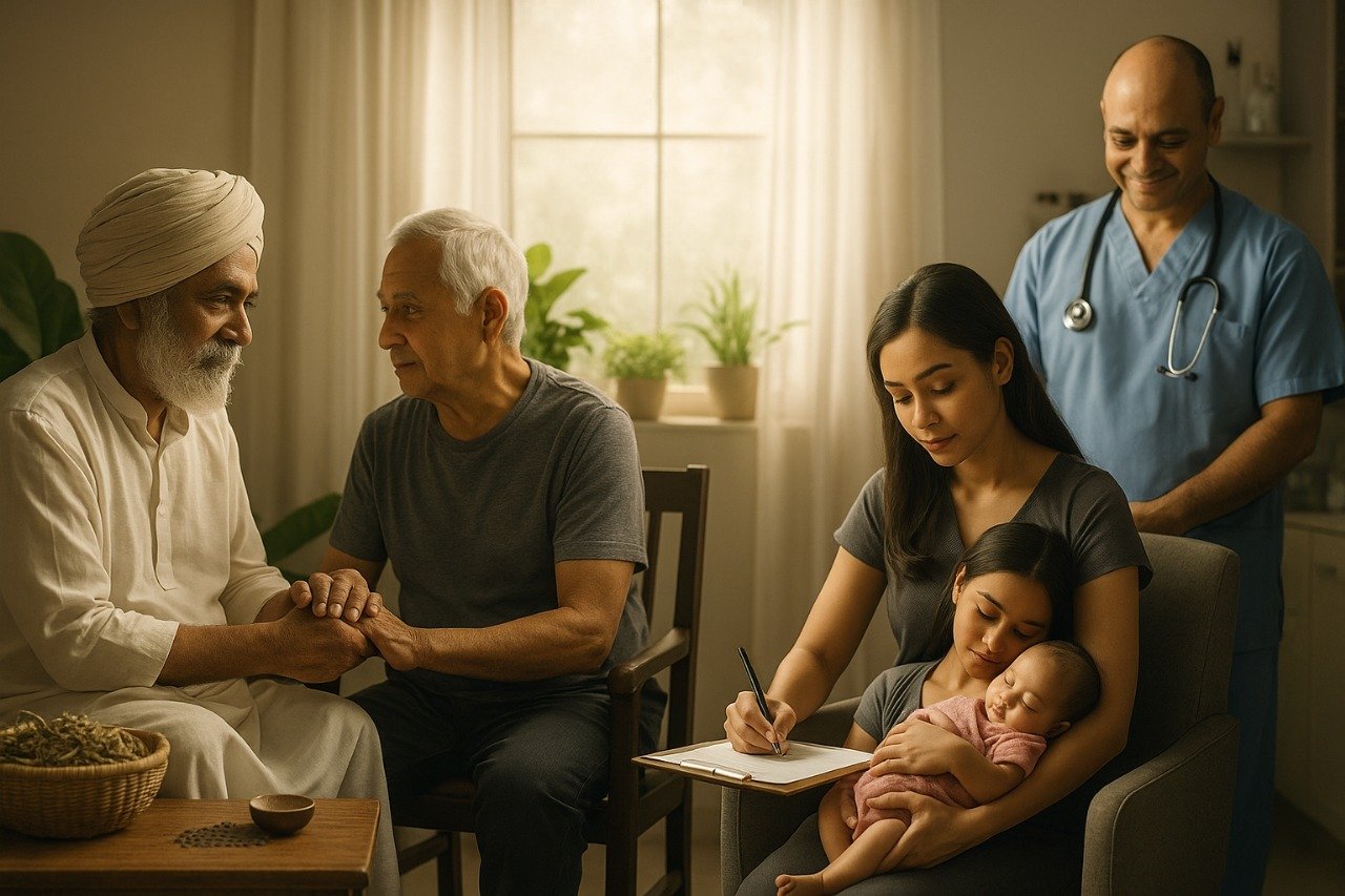 Photorealistic image depicting fertility choices in Indian society through traditional and modern perspectives.