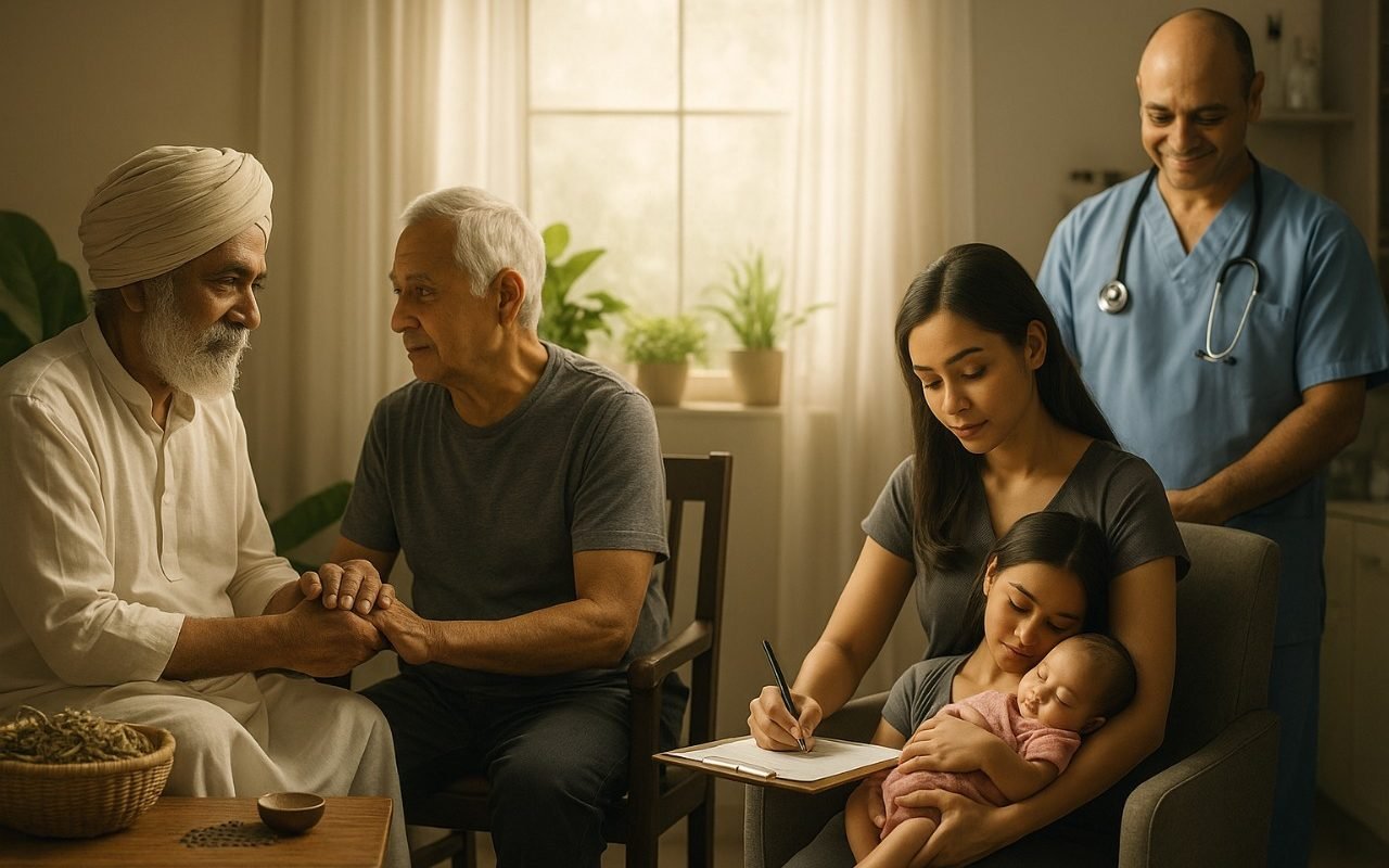 Photorealistic image depicting fertility choices in Indian society through traditional and modern perspectives.